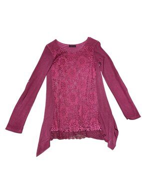 Seduzione Pink Lace Front Tunic Top Sz M Roll Tab Long Sleeve Made In Italy